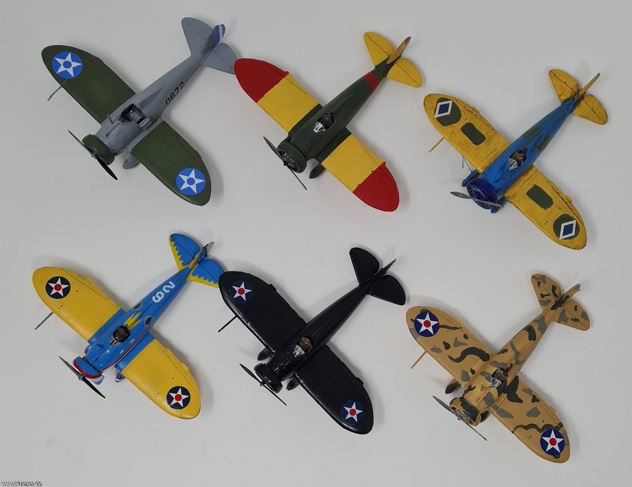 Boeing P26 Peashooter Kicking Mule 1934, Boeing P26 Peashooter Philippinen 1941, Boeing P26 Peashooter, Spanien 1936, Boeing P26 Peashooter, Nightfighter Hawai 1941, Boeing P26 Peashooter Experimental Camo 1936, Boeing P26 Peashooter Guatemala 1956