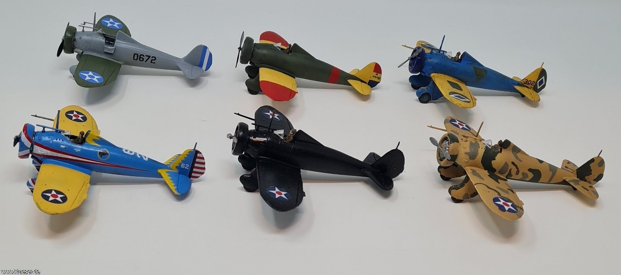 Boeing P26 Peashooter Kicking Mule 1934, Boeing P26 Peashooter Philippinen 1941, Boeing P26 Peashooter, Spanien 1936, Boeing P26 Peashooter, Nightfighter Hawai 1941, Boeing P26 Peashooter Experimental Camo 1936, Boeing P26 Peashooter Guatemala 1956