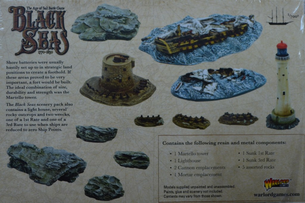 Black Seas Scenery Pack, Black Seas Scenery: Sunk 1st rate, Black Seas Scenery: Sunk 3rd rate, Black Seas Scenery: Martello Tower, Black Seas Scenery: Leuchtturm, Black Seas Scenery: Gun emplacements, rock islands