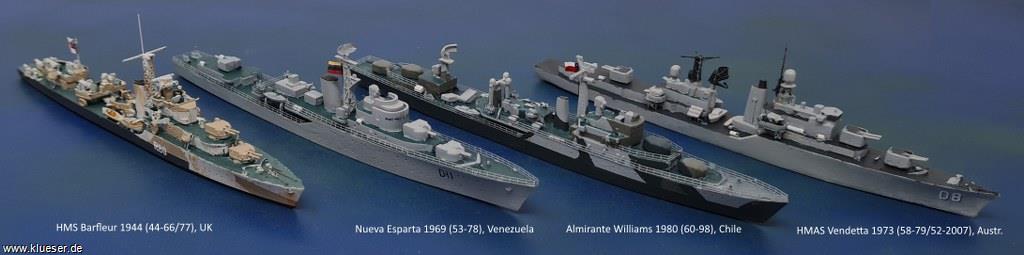 Almirante Williams Exocet ca 1980, HMS Barfleur R80 (1944), HMAS Vendetta D08 1973, Nueva Esparta Seacat 1969